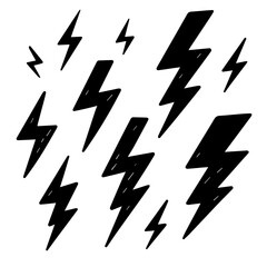 Vintage lightning bolts and sun rays isolated on white background. Lightnings with sunburst effect. Thunderbolt, electric shock sign. Vector illustration.
