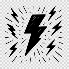 Vintage lightning bolts and sun rays isolated on white background. Lightnings with sunburst effect. Thunderbolt, electric shock sign. Vector illustration.