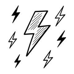 Vintage lightning bolts and sun rays isolated on white background. Lightnings with sunburst effect. Thunderbolt, electric shock sign. Vector illustration.
