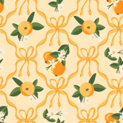 Gardinen Küche Muster  Summer tropical seamless pattern oranges, preppy coquette bow. citrus exotic fruits background  © Iryna