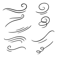 Doodle wind line sketch set. Hand drawn doodle wind motion, air blow, swirl elements. Sketch drawn air blow motion, smoke flow art, abstract line.