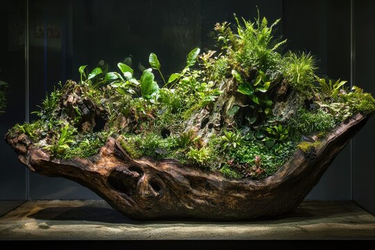 A lush aquatic terrarium thrives within a sculpted piece of driftwood, showcasing a vibrant ecosystem of diverse plants.