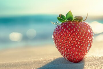 A juicy, sun-kissed strawberry rests on a sandy beach, a summer delight.