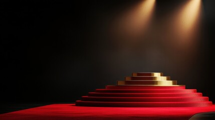 Obraz premium Three-tiered gold podium with soft reflections, placed on a luxurious red carpet, spotlight effect from above.