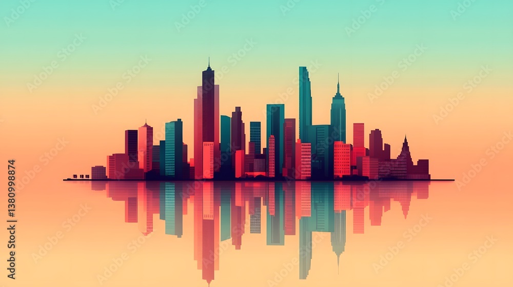 Poster elegant symmetrical cityscape with reflective skyscrapers and structured urban layout