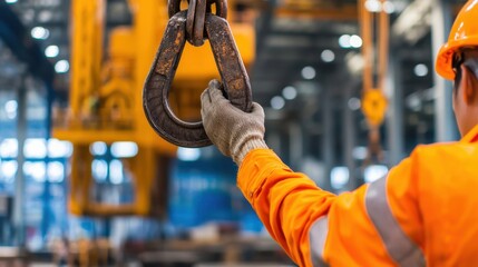 Overhead crane inspection Concept, Detailed View of a Worker Operating a Rotating Crane in an Industrial Setting