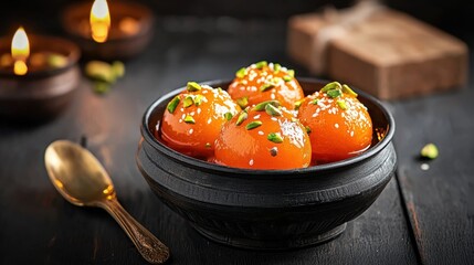 Traditional Indian sweet Gulab Jamun garnished with pistachios, rich syrup glistening under soft light.