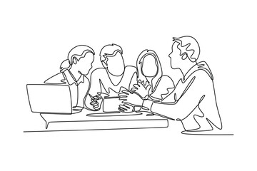 Focused student talking to university mates group helping explaining new project sit at table. Community focused concept. Single line draw design. Vector graphic illustration