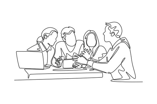 Focused student talking to university mates group helping explaining new project sit at table. Community focused concept. Single line draw design. Vector graphic illustration