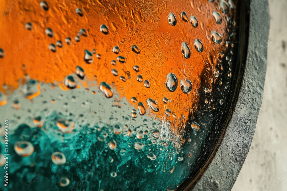 Poster close-up of water droplets on a vibrant orange and teal surface, creating a mesmerizing abstract pat
