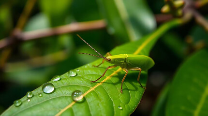 Fototapeta premium Leaf Insect Camouflaged on a Damp Jungle Leaf