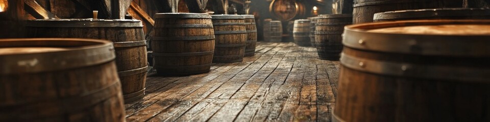 Aged Wooden Barrels in a Cellar