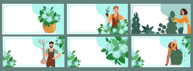 Fototapeta premium Collection of templates of banners featuring gardening themes and spring sale promotions.Diverse characters engaged in gardening tasks, showcasing plants and garden tools. Vector illustration