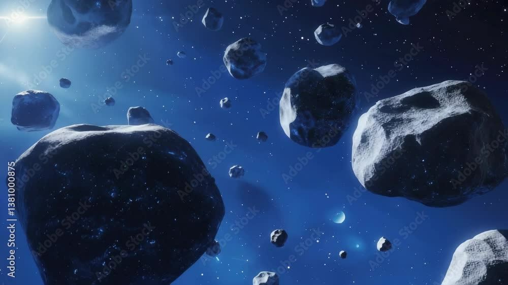 Poster asteroids floating and spinning in deep outer space galaxy with glowing stars and distant planet bac