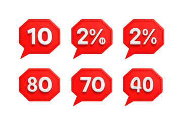 Set of red speech bubbles with percentage discounts for sale. 10- 20- 30- 40- 50- 60- 70- 80- 90.