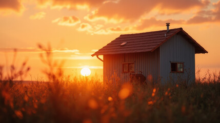 serene sunset illuminates small house surrounded by tall grass, creating peaceful atmosphere. warm colors evoke sense of tranquility and comfort