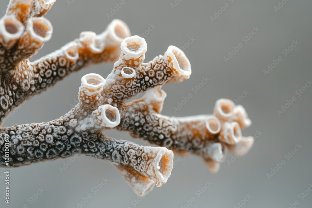 Poster close-up of a delicate, frost-covered coral branch with intricate textures and small openings.