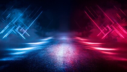 empty show scene background reflection of a dark street on wet asphalt rays of red and blue neon light in the dark neon shapes smoke abstract dark background