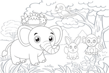 Cartoon animal coloring page vector set with funny outline drawings for children's art