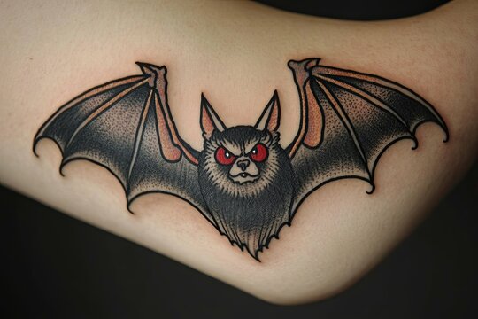 A detailed close up image of a bat tattoo on human skin