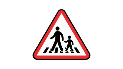 Caution: Pedestrian Crossing Sign: A classic road sign signals caution for pedestrians, depicting an adult and child crossing a crosswalk, framed by a red triangle, against a clean background.
