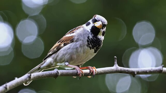 Moineau perch&eacute; sur une branche au printemps, animation r&eacute;aliste avec fond flou vert et bokeh lumineux, vid&eacute;o naturelle et paisible d&rsquo;un oiseau immobile en for&ecirc;t