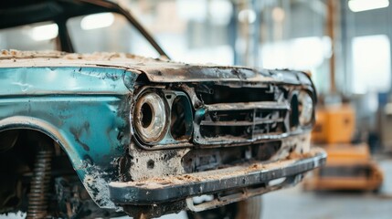 Body Paint Restoration Concept, Close-Up of Car Body Being Sanded Down to Remove Old Paint in Workshop Environment