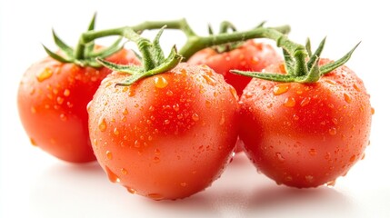 Fresh Tomatoes on Vine with Water Droplets Isolated on White Background
