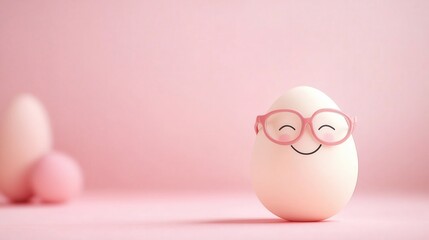 Adorable Smiling Egg Character with Glasses on Subtle Pastel Background, Easter Holiday Banner Design with Clean Text Space for Social Media & Greeting Cards