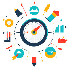 Colorful Compass with Business Icons and Data Visualizations