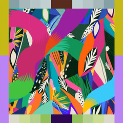 Fototapeta premium Abstract colorful botanical graphic illustration. Unique neckerchief print. Fashionable template for design.