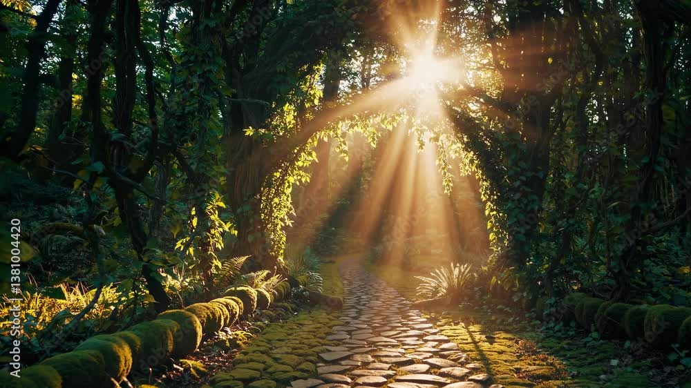 Poster sunlight streams through a lush, green archway in a forest, captured from a low angle, creating a ma
