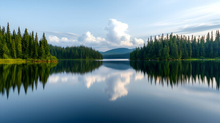 Obraz premium Serene Lake Reflection: Trees Mirrored in Calm Water Under a Cloudy Sky