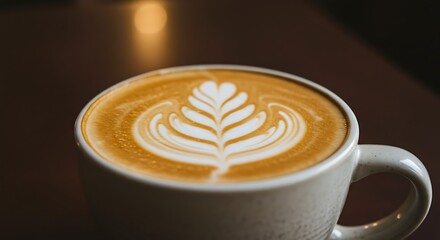Latte Art Fern: Creamy Coffee Design on a Dark Wood Table, Warm Light Reflection.