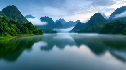 Naklejka premium Serene Mountain Lake at Sunrise with Misty Reflections