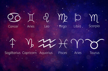 Set of 12 zodiac signs. White zodiac astrology icons on a colorful background like a starry sky.