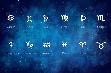 Set of 12 zodiac signs. White zodiac astrology icons on a colorful background like a starry sky.
