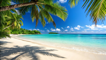 Tropical beach paradise with palm trees and turquoise water.