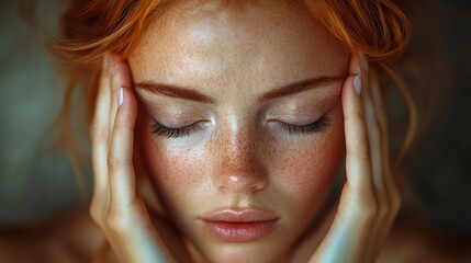 Fototapeta premium Redhead woman with closed eyes and hands on her temples, showing stress, fatigue, or meditation