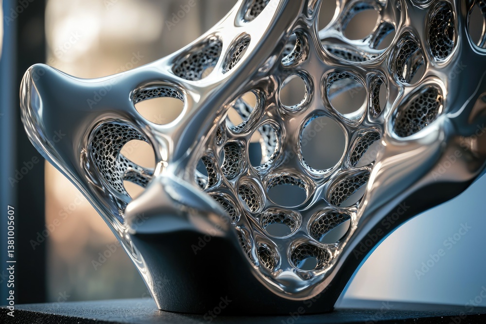 Poster a polished chrome sculpture with a complex, porous, biomorphic structure, created using additive man