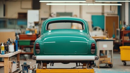 Obraz premium Body Paint Restoration Concept, Vintage Car Restoration Workshop with Retro Green Vehicle in Progress at a Well-Equipped Space