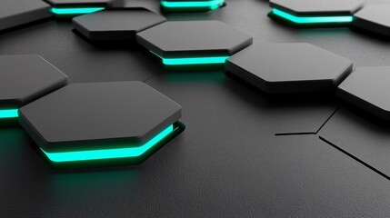 Hexagonal pattern. Black tiles with green glowing edges on a dark surface