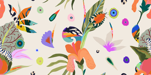Cute hand drawn flower garden abstract pattern. Dynamic botanical print. Unique fashionable template for design. 