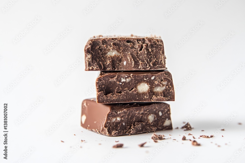 Poster stack of fudge squares with nuts and chocolate on white background