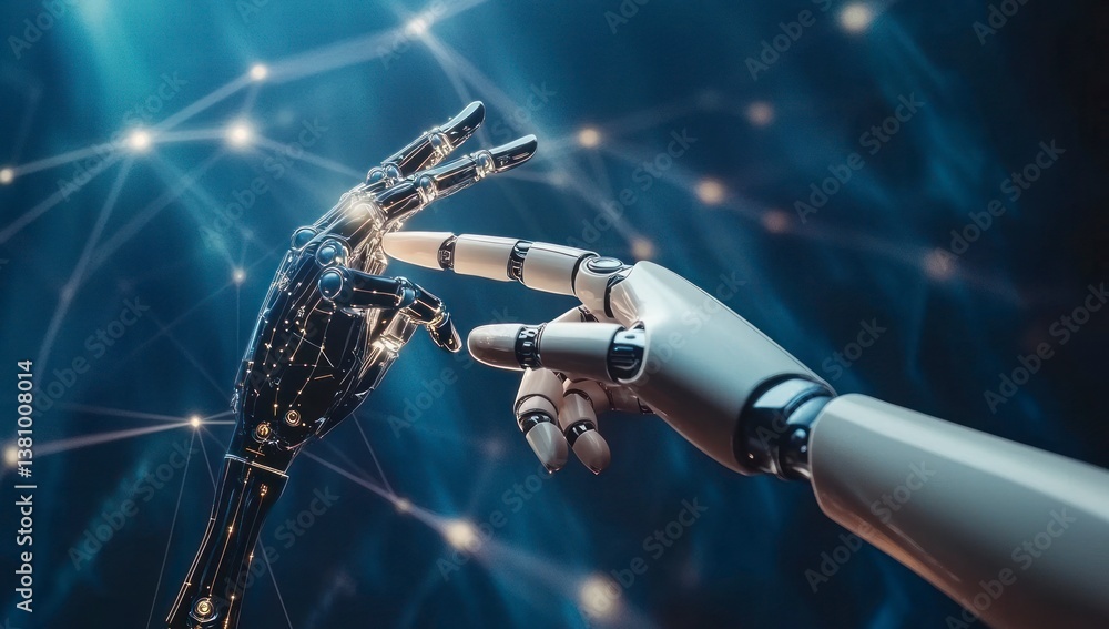 Poster robot hand touching technology connection with futuristic artificial intelligence concept