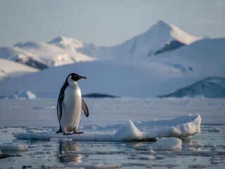 Obraz premium Penguin standing on floating ice in Antarctic landscape, penguin on ice with Antarctic mountains in background, penguin on frozen sea in Antarctic region