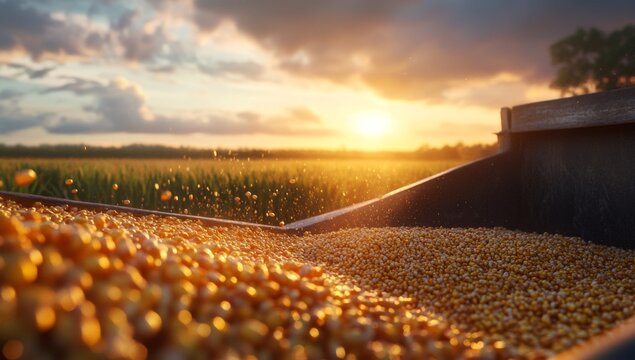 Harvested corn being unloaded from a wagon at sunset