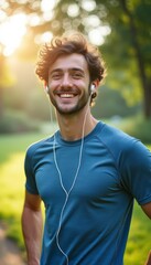 Fototapeta premium A vibrant young man with curly hair smiles brightly while jogging in a lush green park, earbuds in place. The warm sunlight filters through the trees, creating a joyful and energetic atmosphere that