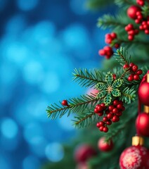 Fototapeta premium Blurred blue bokeh background, fir branch with red ornaments and green snowflake, tree, sparkle, winter