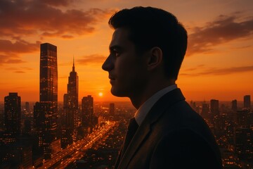 Man in Cityscape Silhouette: A determined individual gazes upon a sprawling cityscape during a sunset. The image captures ambition and forward-thinking attitude.